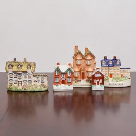 Group of Five Staffordshire Pottery Cottage-Form Banks or Pastille Burners