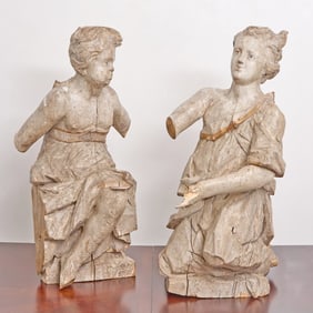 Two Flemish Baroque Parcel-Gilt, Carved and Painted Wood Figures of Angels