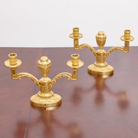 Pair of Louis XVI Style Gilt-Bronze Two-Light Candelabra