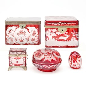 Four Bohemian Blown Ruby Cut to Clear Glass Boxes Together with an Egg