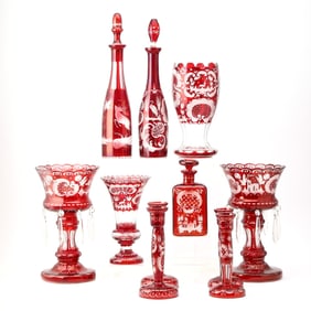 Group of Bohemian Ruby Cut to Clear Glass Table Articles