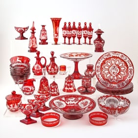 Group of Bohemian Blown Ruby Cut to Clear Glass Table Articles