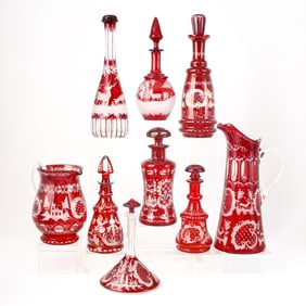 Group of Bohemian Blown Ruby Cut to Clear Glass Table Articles