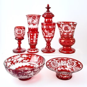 Six Bohemian Blown Ruby Cut to Clear Glass Table Articles