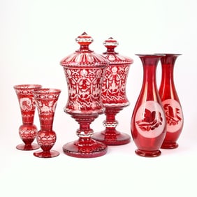 Three Pairs of Bohemian Blown Ruby Cut to Clear Glass Vases
