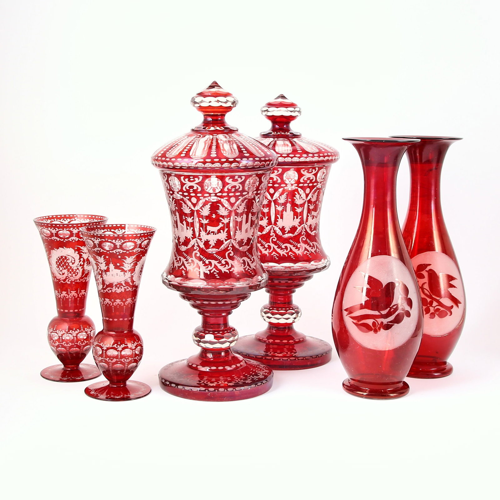 Three Pairs of Bohemian Blown Ruby Cut to Clear Glass Vases (1 of 5)