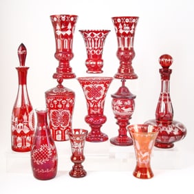 Group of Bohemian Blown Ruby Cut to Clear Glass Table Articles