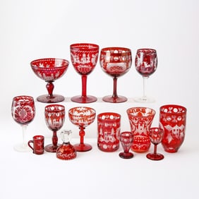 Group of Bohemian Blown Ruby Cut to Clear Glassware