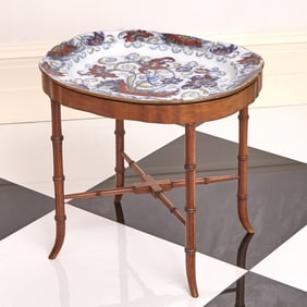 English Transfer-Printed and Painted Ironstone Tray on a Low Table