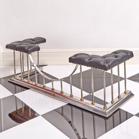 Large Polished Steel and Brass Upholstered Club Fireplace Fender