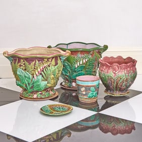 Two Minton Majolica Foxglove and Fern Planters with Underplates