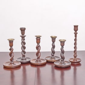Group of Six Victorian Oak and Brass Spiral-Turned Candlesticks