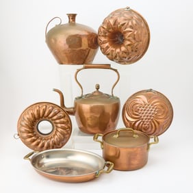 Group of Seven Copper Pots and Pans