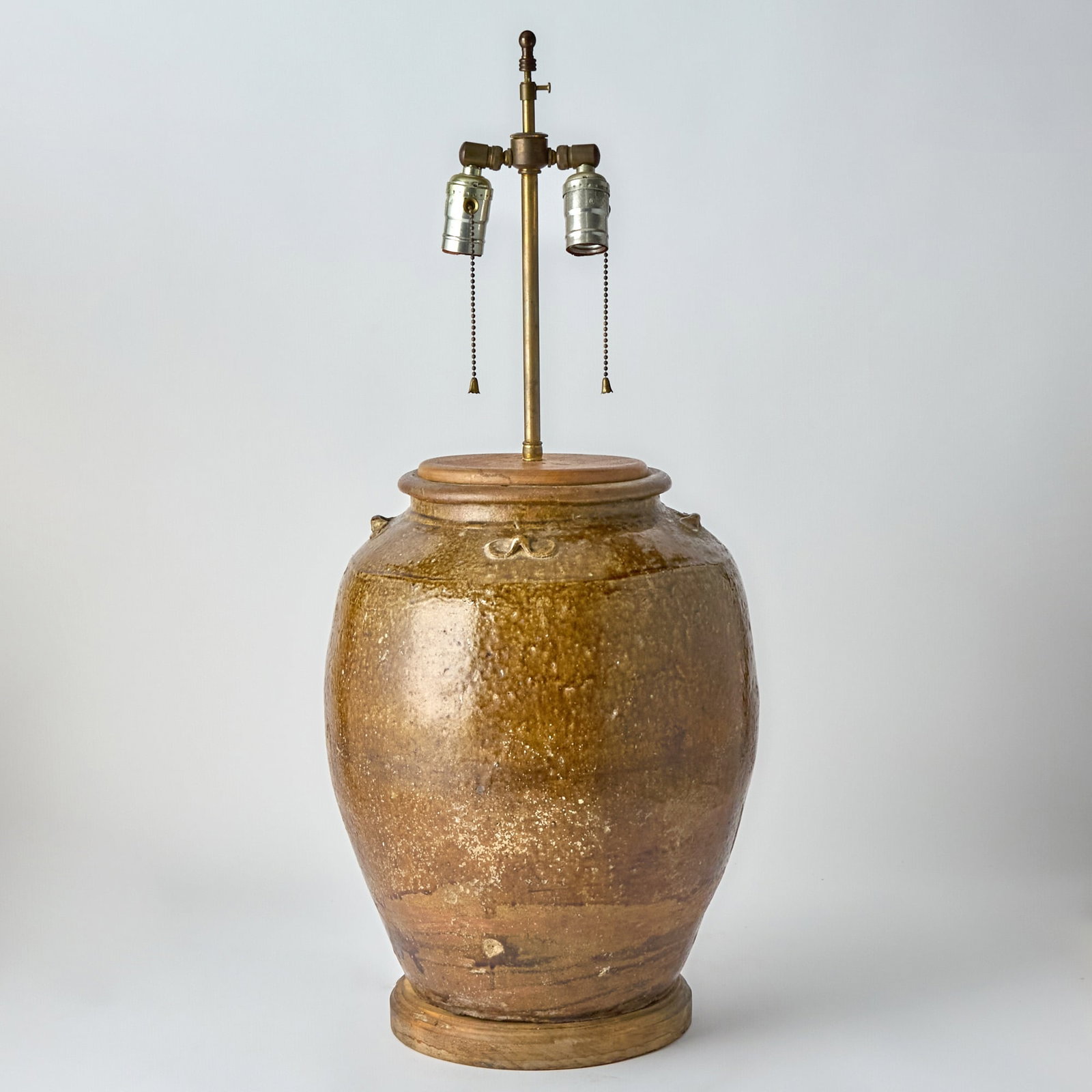 Brown Glazed Earthenware Jar Mounted as a Lamp (1 of 2)