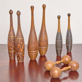 Three Pairs of Turned Wood Juggler's Pins Together With a Pair of Turned Wood Dumbbells