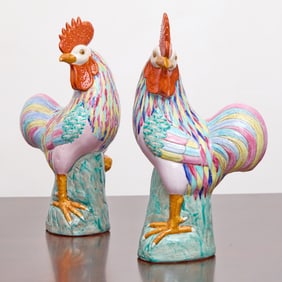 Pair of Chinese Export Style Porcelain Figures of Roosters
