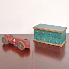 Painted Wood Car Together With a Painted Miniature Eight-Drawer Chest