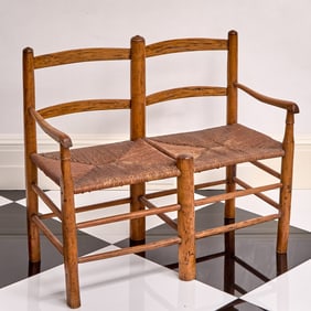 Shaker Style Double Chair-Back Stained Wood and Rush Settee