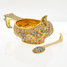 Russian Silver-Gilt and Cloisonné Enamel Kovsh and Spoon