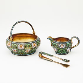 Russian Silver-Gilt and Cloisonné Enamel Sugar Bowl, Cream Jug and Tongs