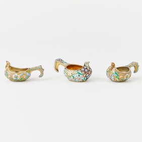 Three Russian Silver-Gilt and Cloisonné Enamel Kovshi