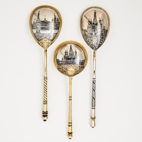 Three Russian Silver-Gilt Niello Spoons