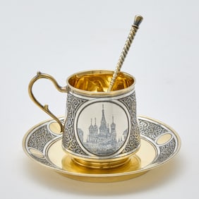 Russian Silver-Gilt and Niello Cup, Saucer and Spoon