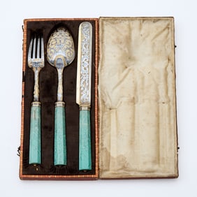 Russian Silver-Gilt, Niello and Amazonite Place Setting
