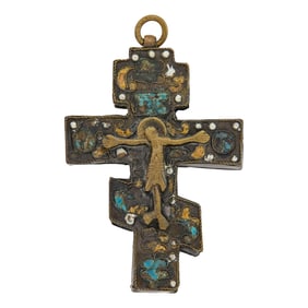 Russian Metal Alloy and Enamel Reliquary Cross