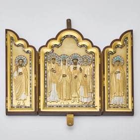 Russian Silver-Gilt, Cloisonné and Champlevé Enamel Triptych Icon