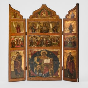Russian Painted Panel Traveling Triptych Icon