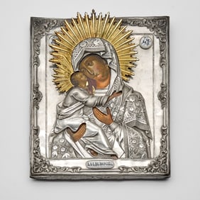Russian Parcel-Gilt Silver Icon of the Vladimir Mother of God