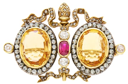 Fabergé Silver, Gold, Topaz, Ruby and Diamond Brooch