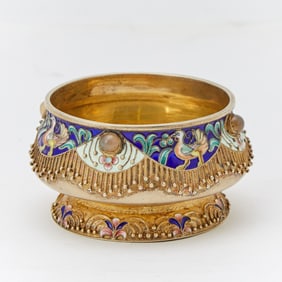 Russian Silver-Gilt and Cloisonné Enamel Footed Bowl