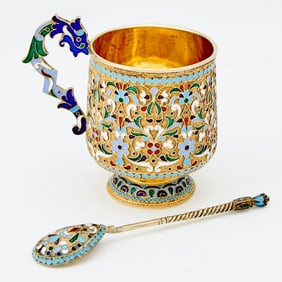 Russian Silver-Gilt and Cloisonné Enamel Cup and Spoon
