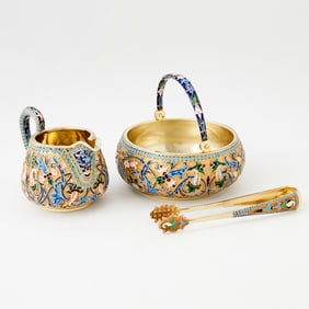 Russian Silver-Gilt and Cloisonné Enamel Sugar Bowl, Cream Jug and Associated Sugar Tongs