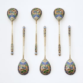 Set of Six Russian Silver-Gilt and Cloisonné Enamel Spoons