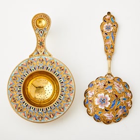 Russian Silver-Gilt and Cloisonné Enamel Serving Spoon and Strainer