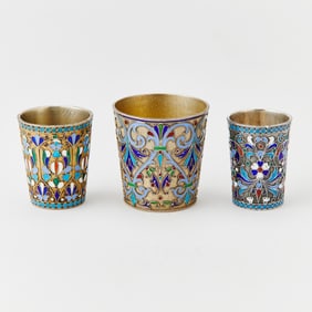 Three Russian Silver and Cloisonné Enamel Vodka Cups