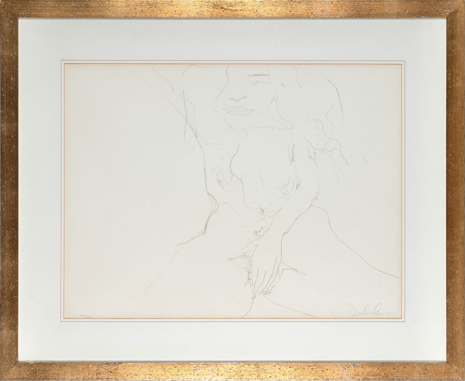 John Lennon erotic lithograph from the Bag One portfolio: JOHN LENNON Erotic print from the Bag One Portfolio. First edition, 1970. Lithographed erotic print, signed "John Lennon" in pencil at lower right and numbered 229/300 at lower left. Visible area 21 1