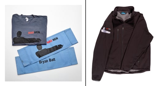 Two printed director chair backs printed for Bryan Batt and a Mad Men jacket