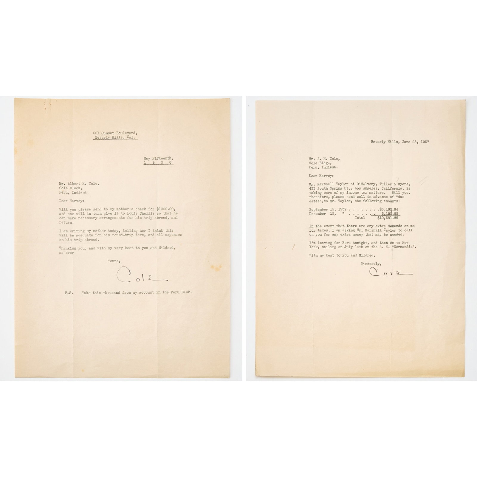 Two letters on financial matters signed by Cole Porter (1 of 2)