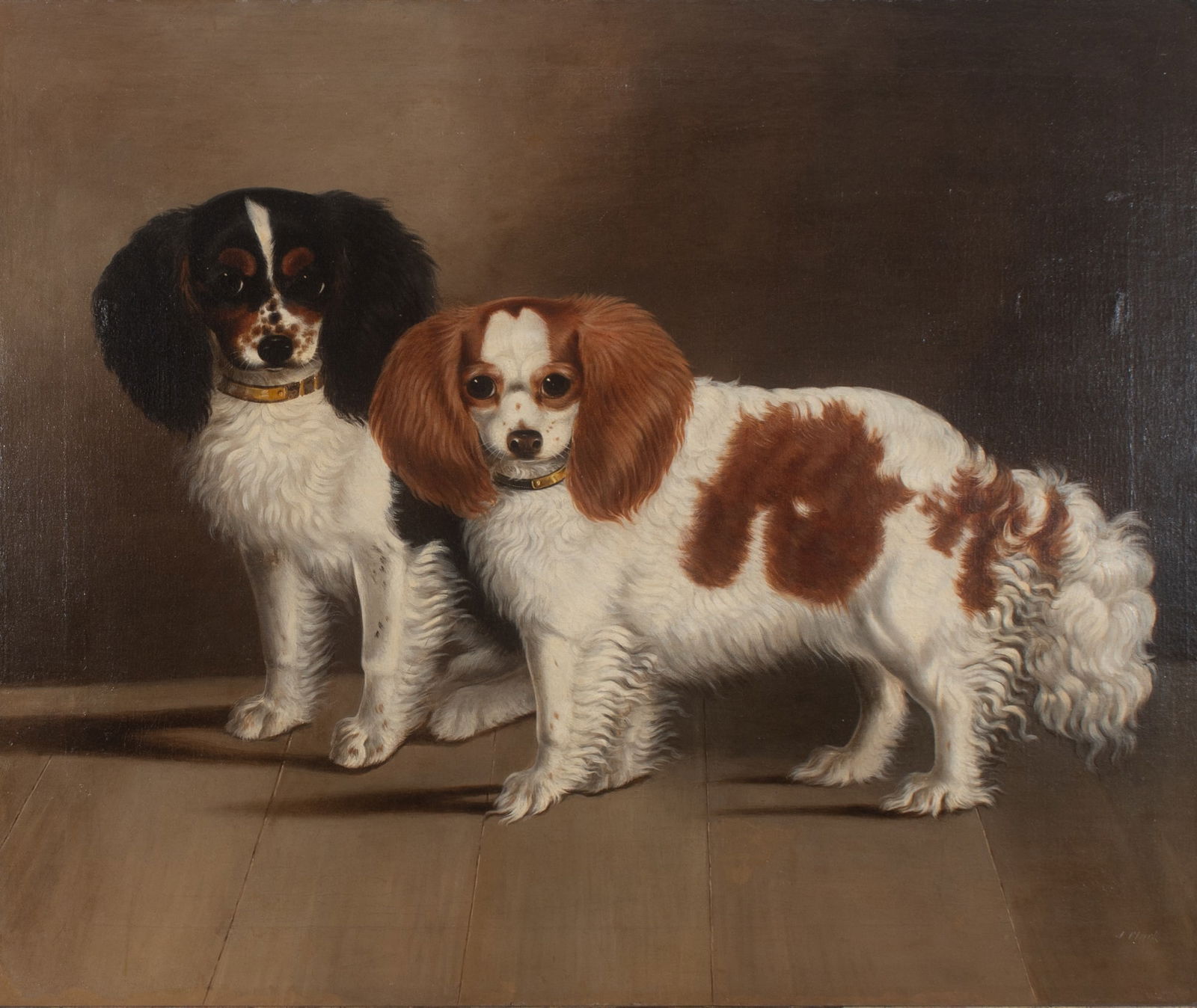 J. Clark: British, 19th CenturyCavalier King Charles SpanielsSigned J. Clark (lr)Oil on canvas24 3/4 x 30 inches (62.9 x 76.2 cm)Provenance:Sale, Skinner, Boston, Nov. 19, 2004, lot 210Willia