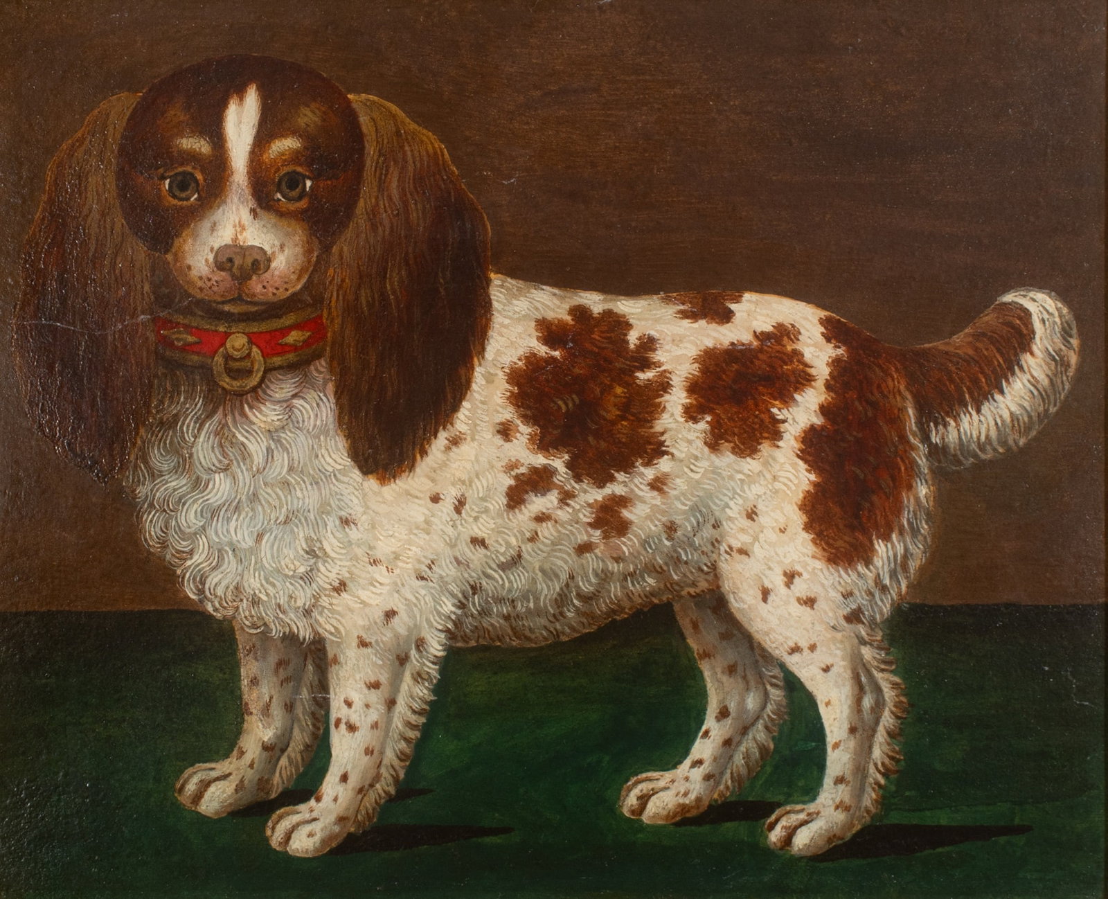 British School: 19th Century Standing King Charles Spaniel Oil on paper laid down on canvas 9 3/8 x 11 1/2 inches (23.8 x 29.2 cm) Provenance: Iona Antiques, London (Frame: 13 3./
