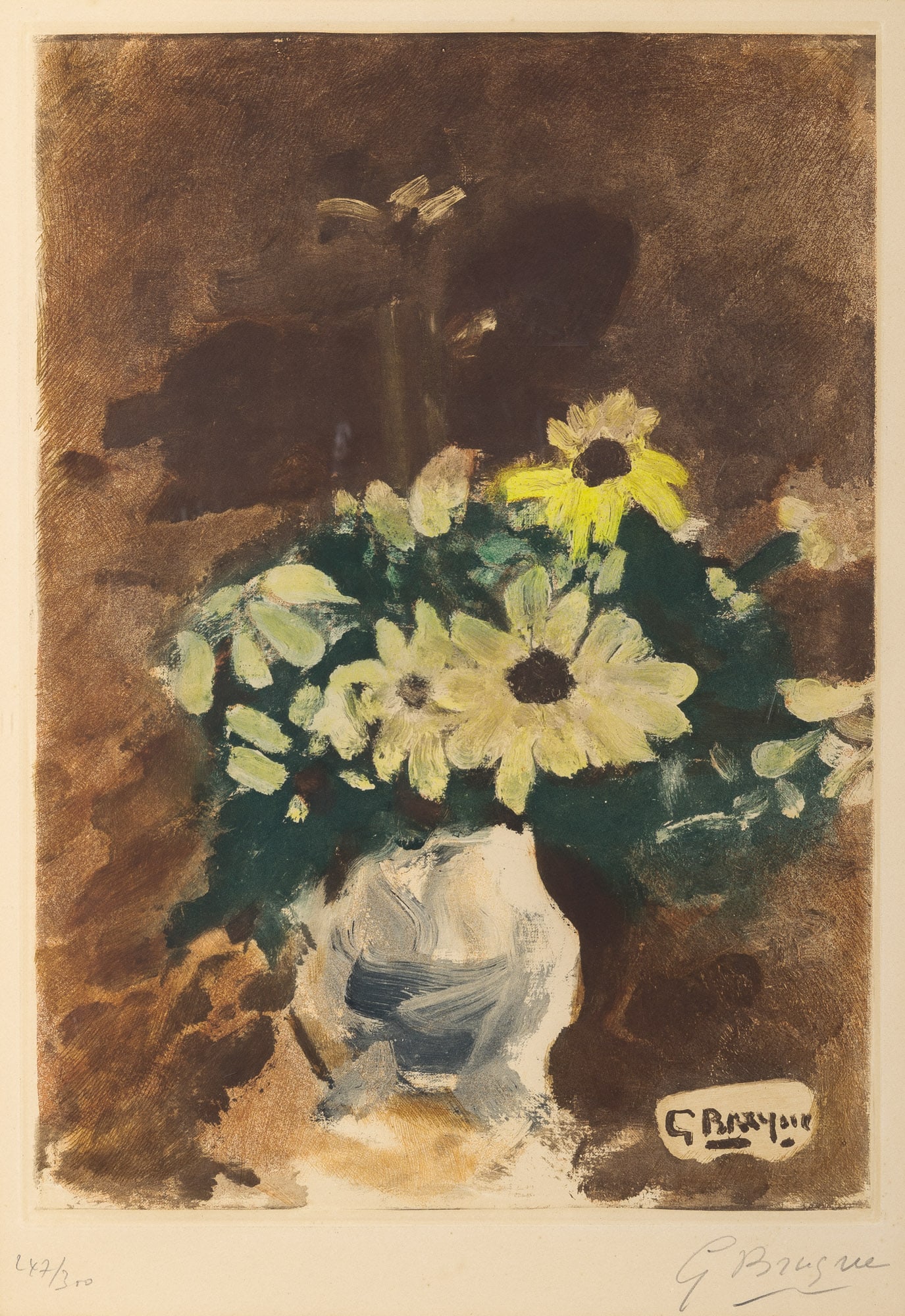 After Georges Braque (1882-1963): VASE DE FLEURS JAUNES (MAEGHT 1039)Color aquatint, circa 1955, on wove paper, signed and numbered 247/300 in pencil, framed.Plate 19 3/8 x 13 7/8 inches; 492 x 352 mm.Frame 28 5/8 x 22 inches; 727 x 5