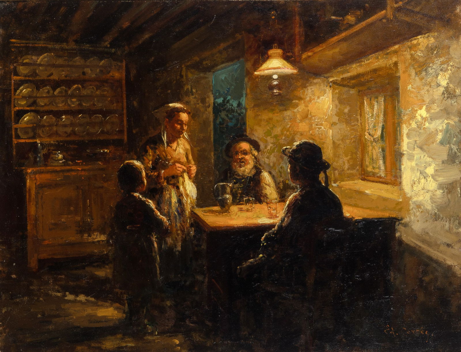 Edouard Léon Cortès: French, 1882-1969Interieur sous la lampeSigned Ed. Cortès (lr)Oil on canvas19 3/4 x 25 1/2 inches (50.2 x 64.8 cm) Literature:Nicole Verdier, Edouard Cortes: Catalogue Raisonné de l'o