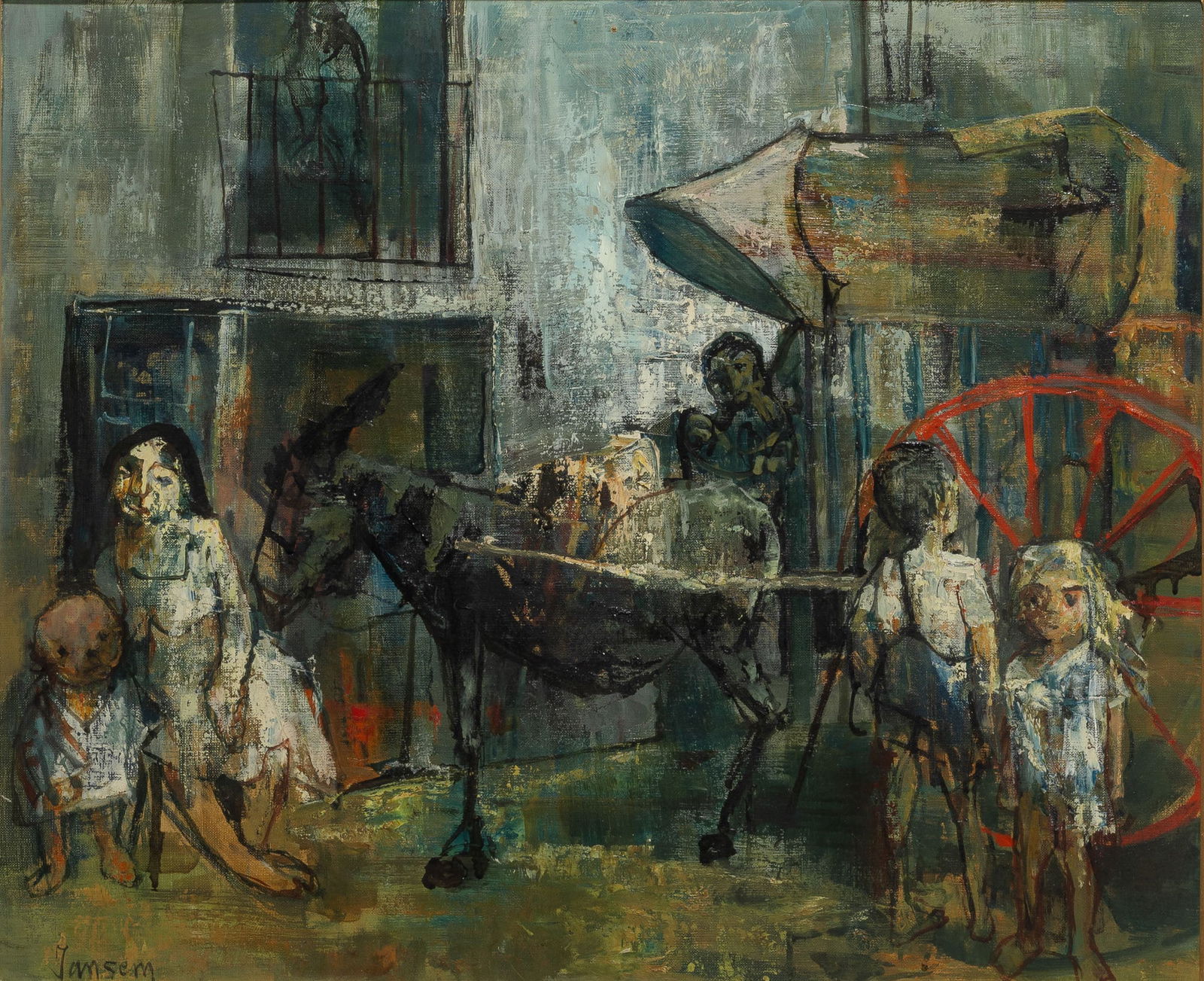Jean Jansem: French 1920-2013Rue Granade en Espagne, 1952Signed Jansem (ll), further signed and inscribed by the artist on a label affixed to the reverseOil on canvas21 1/4 x 25 1/2 inches (54 x 64.8 cm)Pro