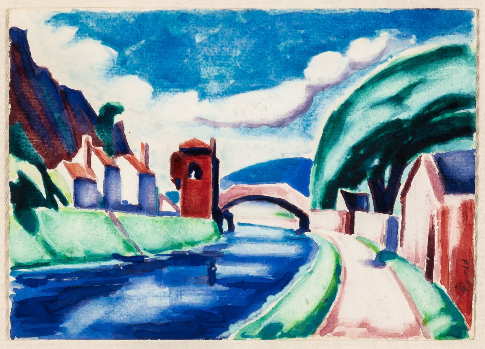 Oscar Florianus Bluemner: (German/American, 1867-1938)Building by a Canal, 1913Signed with monogram and dated 13 (lr)Watercolor on paper5 x 7 inches (12.7 x 17.8 cm)Provenance:Estate of the artistJames Graha