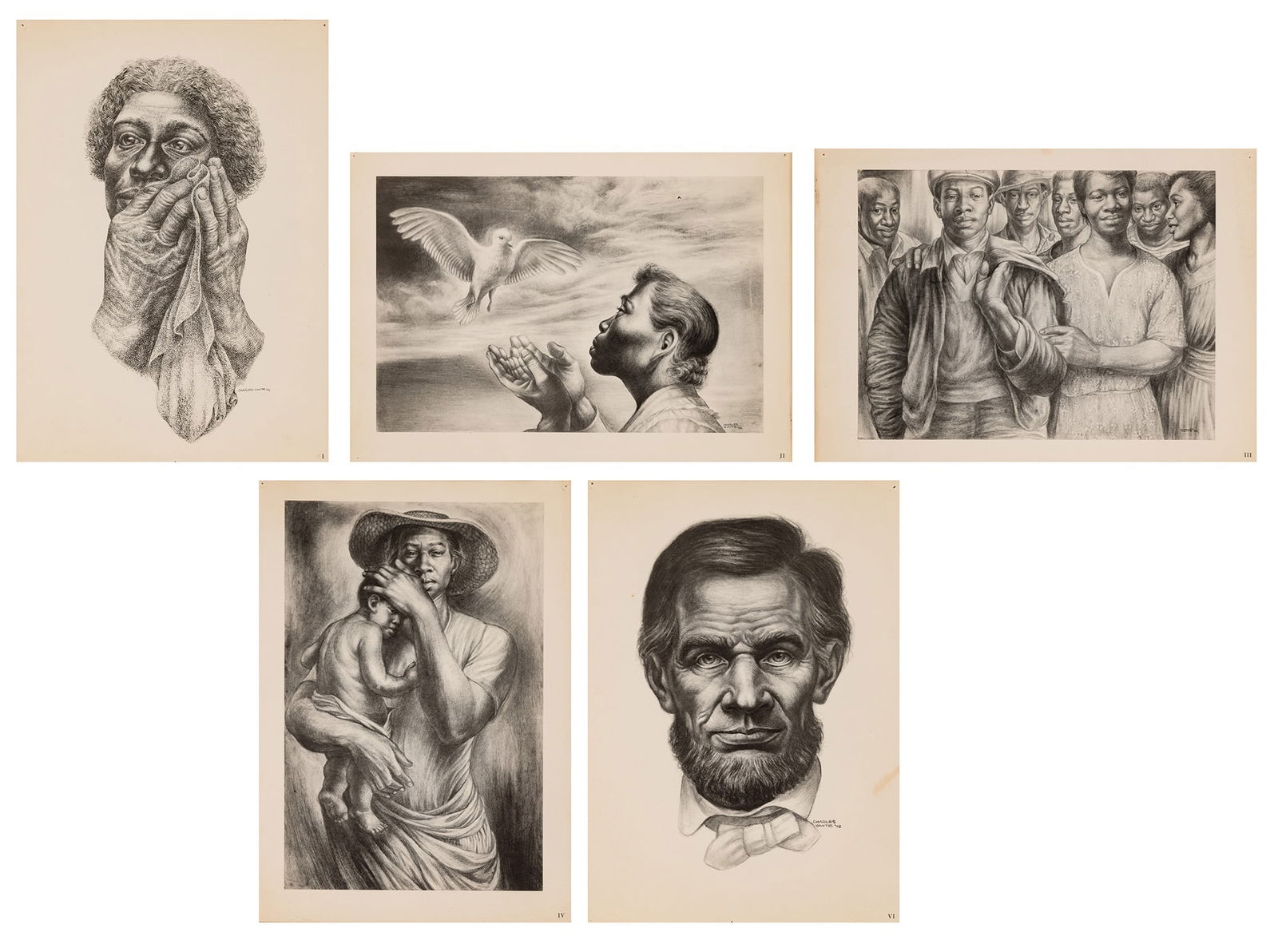 Charles White (1918-1979): CHARLES WHITE: SIX DRAWINGSFive offset lithographs, 1952, published by Masses & Mainstream, New York, with full margins, in the original paper folder with an Introduction by Rockwell Kent.Sheets 1