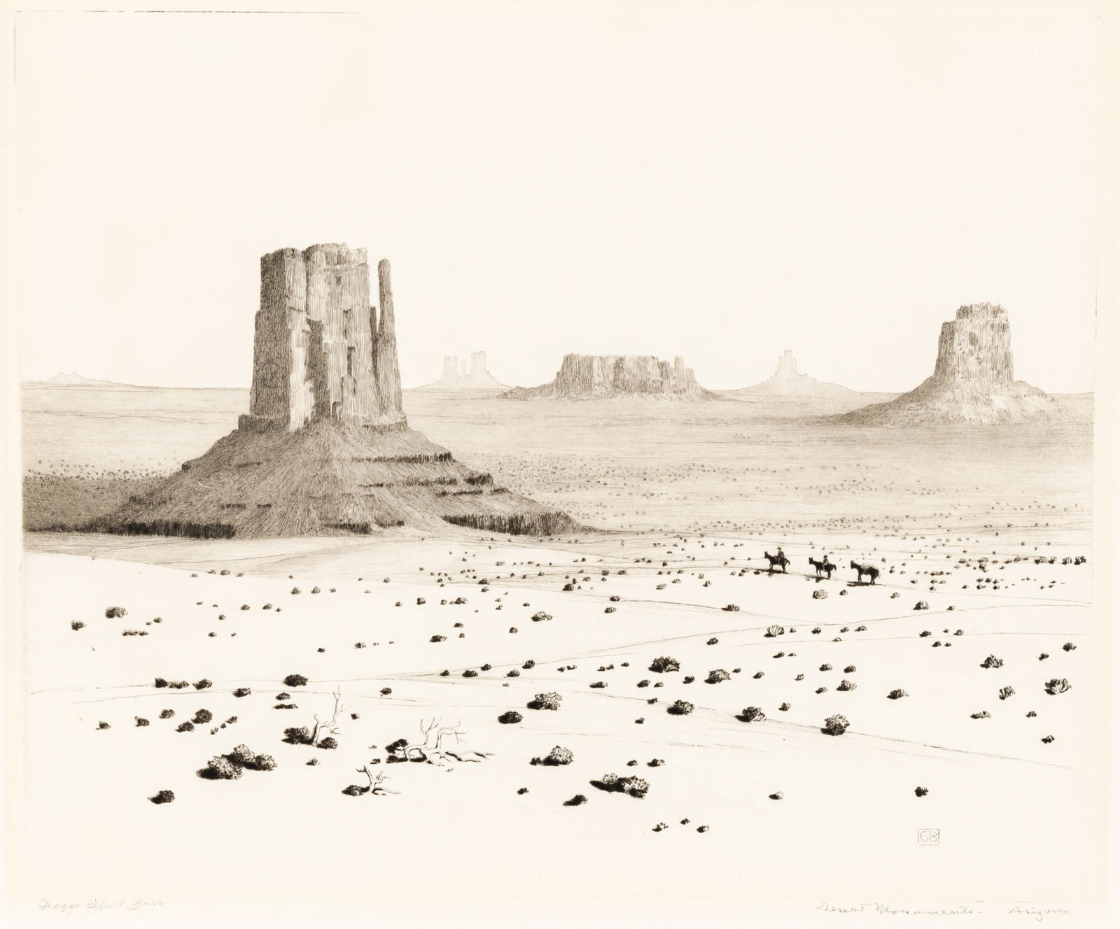 George Elbert Burr (1859-1939): DESERT MONUMENTS, ARIZONA (SEEBER 335)Etching and drypoint, circa 1925, on wove paper, signed and titled in pencil, with good margins, unframed.Plate 9 13/16 x 11 3/4 inches; 249 x 298 mm.Sheet 13 1/4